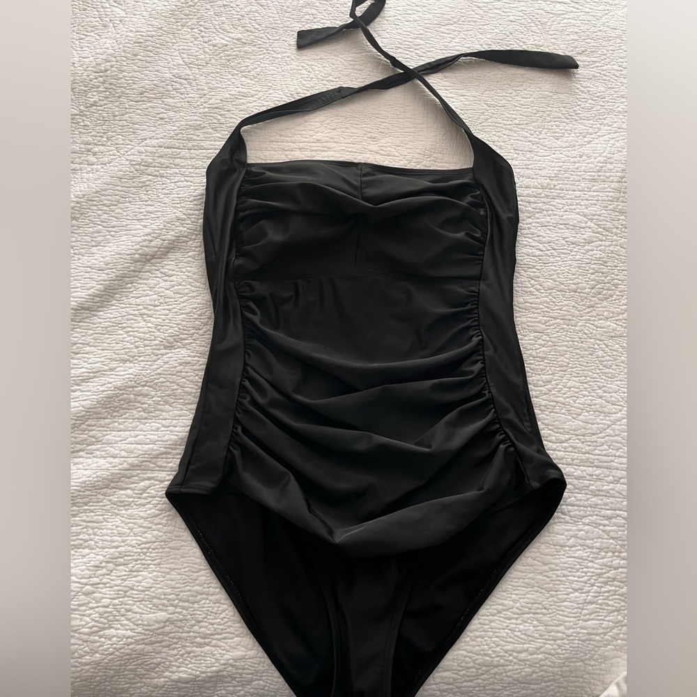 Black full coverage one piece bathing suit